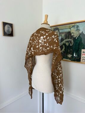 Embroidered Brown Floral Scarf Wrap